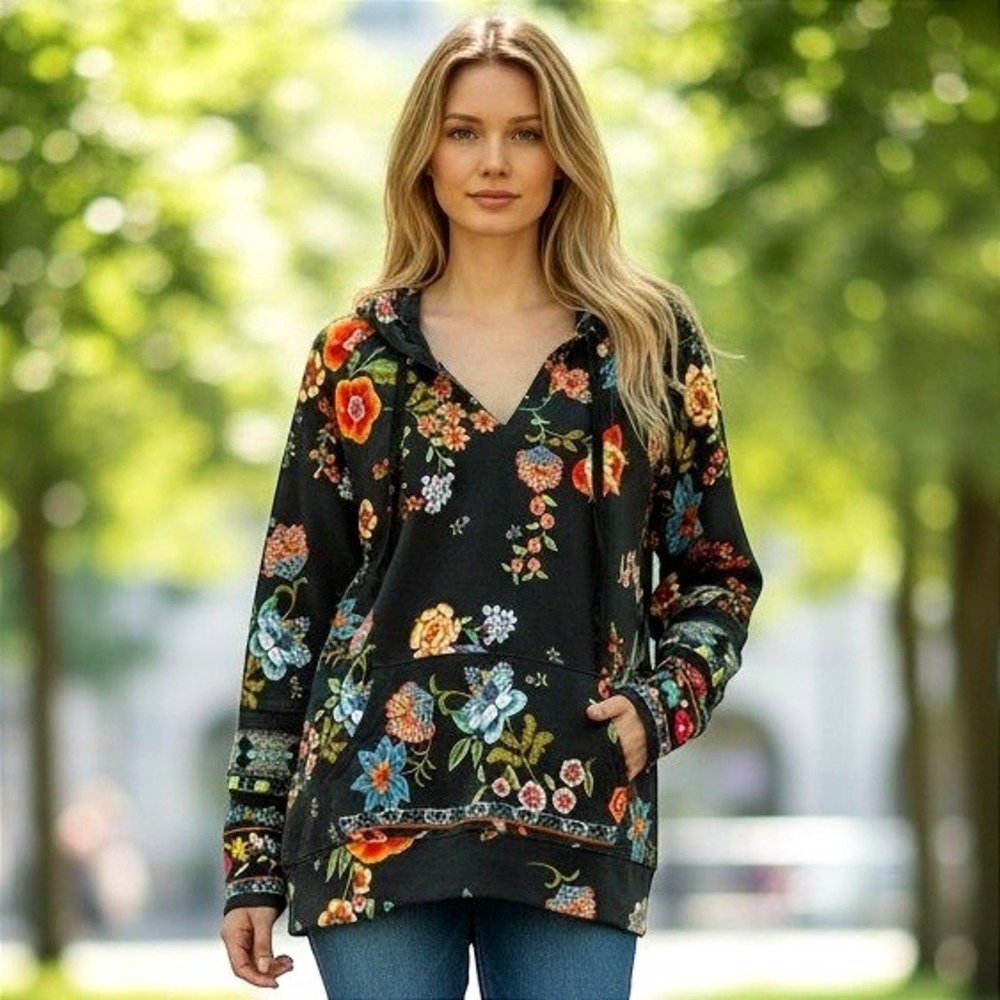 Johnny Was Womens Colorful Ardell Floral Print Pullover Hoodie XL Boho Vibrant